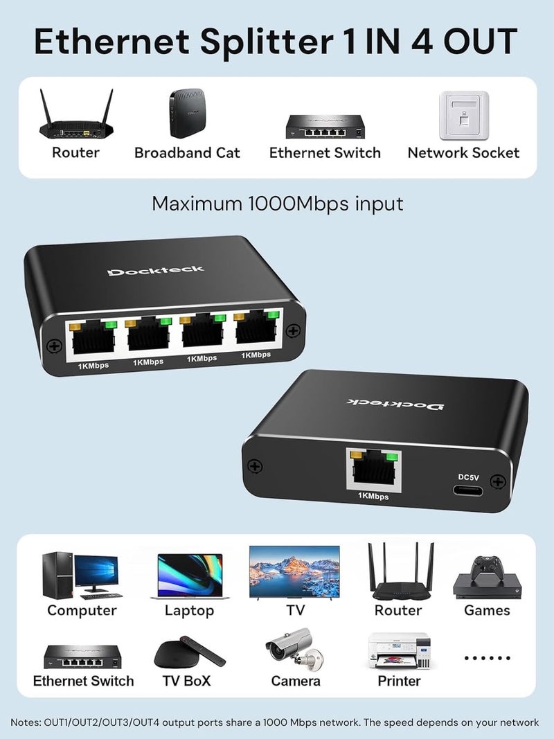 Dockteck Ethernet Splitter 1 to 4 1000Mbps, Internet Cable Splitter 1 in 4 Out High Speed Switch Network Gigabit for LAN RJ45 Port Router Switch Work with Cat5/5e/6/7/8 Cable - Image 2